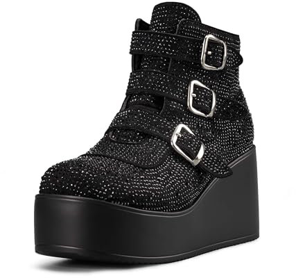 LUCKY STEP Women Platform Chunky Ankle Boots - Round Toe Zipper Wedges High Heels Rave Buckle Thick Sole Goth Booties (Black Rhinestone,7 B(M) US)