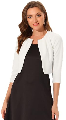 Allegra K Collarless Pleated Shrug Top for Women's 3/4 Sleeve Shrug Open Front Crop Cardigan White M
