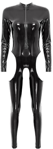 dPois Body da Donna Tuta Babydoll Senza Cavallo Wetlook Body Pelle Verniciata Latex Catsuit Aderente Sexy Hot per Sesso Monokini Curvy Teddy Lingerie Clubwear Discoteca Nero S