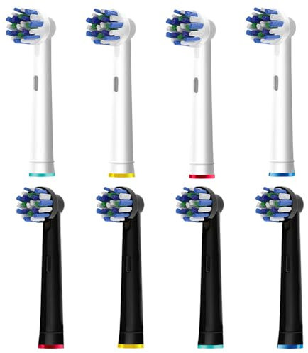8pcs Cross Clean Replacement Heads Compatible with Braun Oral B Electric Toothbrush, 4pcs White and 4pcs Black.