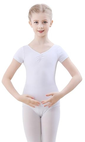 FONLAM Balett Dans Leotard Trikåer för Flickor Rytmisk Gymnastik Leotard Bomull Kortärmad Balettdräkt (9-10 år, Vit)