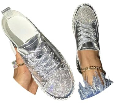 Minetom Damen Glitzer Turnschuhe Strass Sneaker Metallische Pailletten Tennisschuhe Pailletten Flache Low Schnürsenkel Walkingschuhe A Silber 39 EU