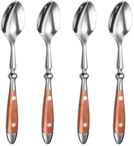 Fowecry Grapefruit Spoons Set Kit 4PCS Serrated Grapefruit Spoon, Stainless Steel 18/8 Fruit Spoon Kiwi Spoon Kit with Wood Handle