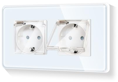 LIAONFOY Enchufe doble Schuko redondo con tapa, marco de cristal, 2 compartimentos, cocina, zonas húmedas, enchufe de pared con bordes curvados, marco blanco, 16 A, 110-250 V, 157 mm