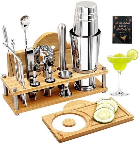 Daily Treasures Kit Professionnel pour Cocktails avec Support Bambou & Sel Margarita - Set Barman 16 Pièces (Shaker Boston 825ml) INCL. Livre de Recettes, Accessoires Bar et Cadeau Mixologie