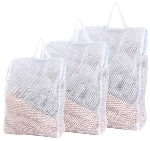 3 Sacchetti lavatrice biancheria da viaggio con manici per la biancheria riutilizzabili per biancheria intima sensibile maglioni (rosa, blu) (blu)