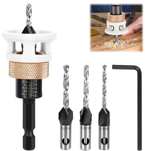 Juego de 6 Brocas Avellanadoras Cónicas Ajustable, Avellanador con Tope de Profundidad, Broca Avellanadora Madera con Vástago Hexagonal de 1/4 Pulgadas, HSS-M2 para Carpinteros, Amantes del Bricolaje