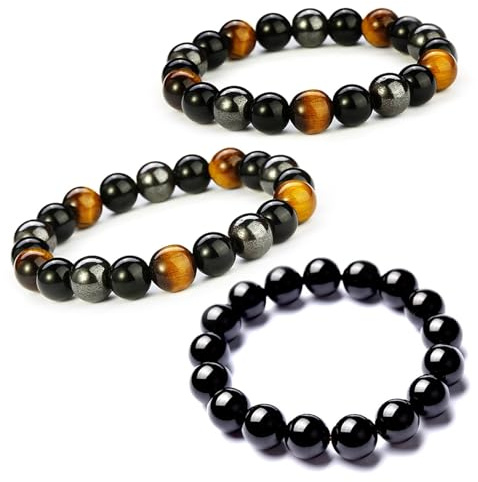 Triple Protección 3 Piezas, Pulsera Elástica 8/10 mm de Ojos de Tigre, Obsidiana y Piedras Naturales - Amuletos Unisex para Yoga y Regalos