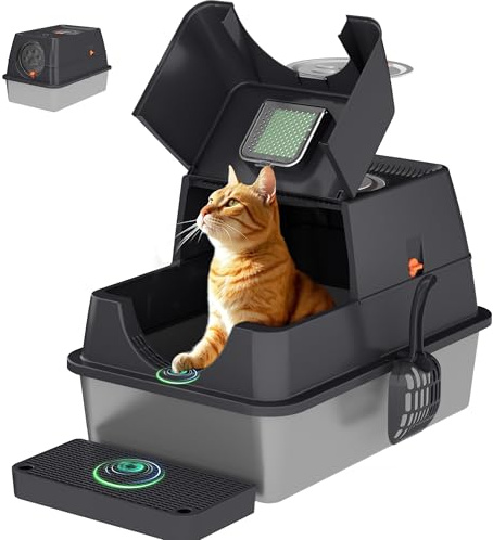 Citylife XL Cat Litter Box, Stainless Steel Cat Litter Tray, Flip-Top Metal Cat Litter Tray with Scoop & Pedal, Easy to Clean, Non-Sticky, Non-Odor, Cat Litter Box Dark Grey