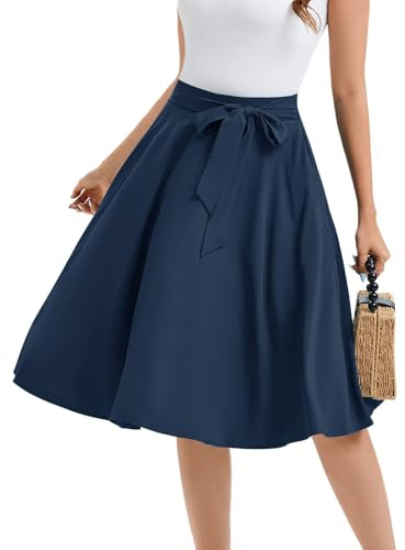 Bbonlinedress Jupe Femme Eté Mi Longue Simple Jupe Rétro Vintage Evasée Fluide Classique pour Cocktail Soirée Quotidien avec Ceinture Navy XL