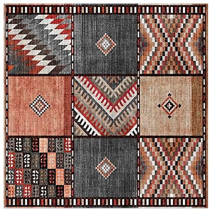 Alfombra de retales geométricos vintage multicolor con motivos clásicos, rojo, 200 x 200 cm, para el hogar, oficina, salón o dormitorio