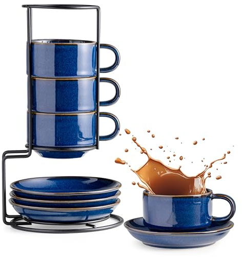 Gomakren 6 Ounce Cappuccino Cups with Saucers and Metal Stand, Stackable Coffee Cup Set of 4, Mothers Day Porcelain Espresso Cups for Coffee Drinks, Cappuccino, Latte, Americano, Tea, Cobalt Blue