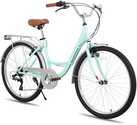 HILAND - Bicicleta Cruiser de mujer con portaequipajes y cesta, 26 pulgadas, 7 velocidades, cuadro bajo de acero, frenos en V, guardabarros integrales, ideal para paseo y ciudad, color verde