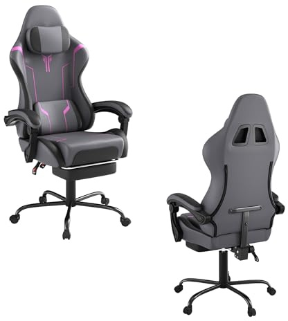 UISEBRT Ergonomischer Gaming Stuhl mit Massage & Fußstütze, Komfortabler Gaming Sessel Gaming Chair Verstellbare Rückenlehne, Kopfstütze & Massage-Lendenkissen - Grau & Schwarz & Violett