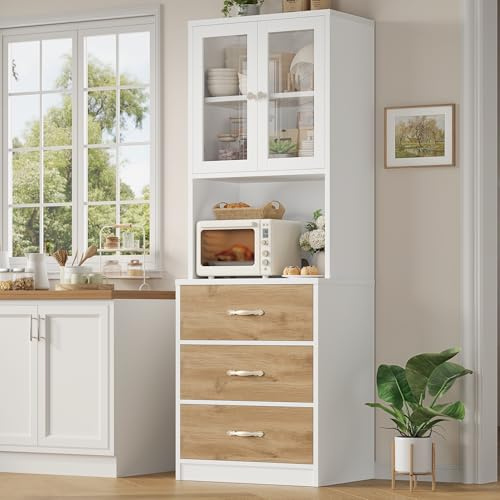 Keyluv 71“ Tall Kitchen Pantry Storage Cabinet with Microwave Stand, Buffet Kitchen Hutch with Shelves and Drawers, Wood Coffee Bar Pantry Cabinet with Glass Doors, for Dining Room/Small Space, Khaki