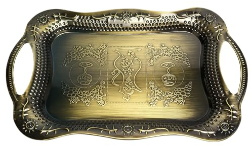 TAIYOU Vassoio da portata con manici in acciaio inox, rettangolare, vintage, design di lusso, decorazione in bronzo, per cosmetici, gioielli, tè, torte, buffet, matrimoni, compleanni, dessert, 38 x 25