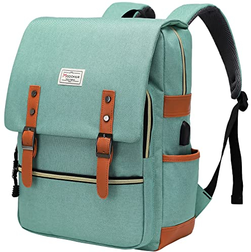 MODOKER Vintage Women Laptop Backpack with USB Charging Port, School College Backpack for Women Men Fashion Backpack Fits 15.6Inch Notebook, Slim Casual Travel Daypack Bookbag Green