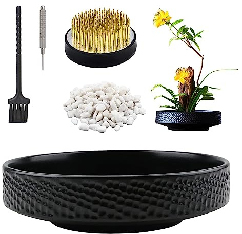 WANDIC Blomarrangemangstillbehör, rund blomgroda och keramisk blomkruka hammarmönster svart blomsterarrangemang kruka för Ikebana blomkonst hem kontor dekoration inomhus utomhus
