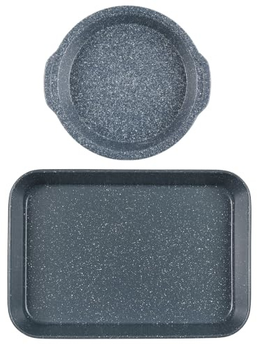 Russell Hobbs COMBO-7557A Roasting Pan & Cake Tin Set, Non-Stick Carbon Steel Oven Trays, Tall Deep Sides, PFOA-Free, Easy Clean, Cooking Set, Nightfall Stone Collection, Blue Marble, 26/40 cm