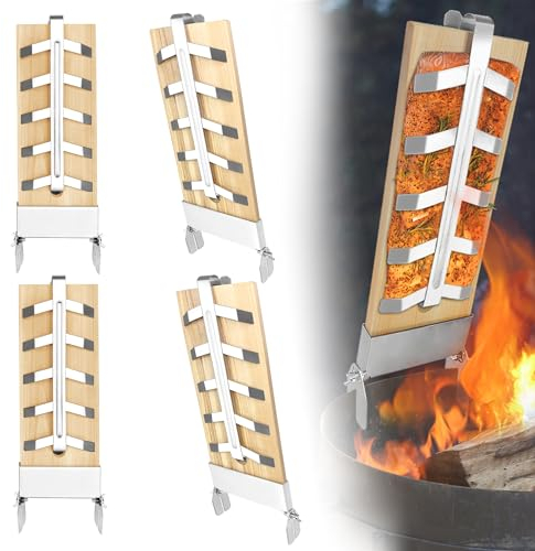 UISEBRT Lot de 4 planches à saumon avec support en acier inoxydable - Accessoire de barbecue - Support pour poisson - Pour barbecue sphérique et braseros