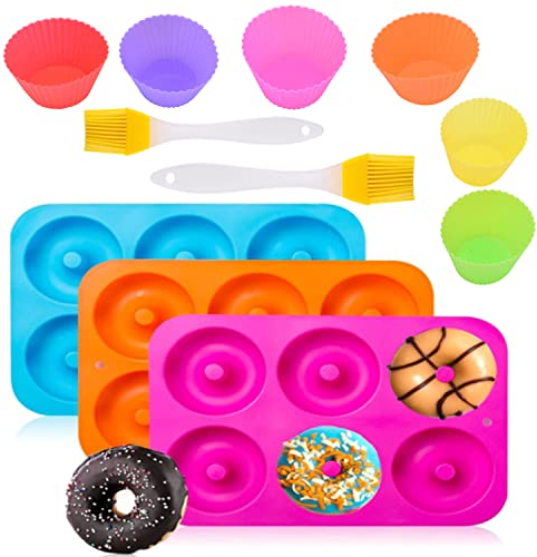 DAILINK 11 x Donut-Backform, 2 Stück, Silikonpinsel, 6 wiederverwendbare Muffin-Becher, Donut-Form aus Silikon mit Bürste, zum Backen von Donuts, Cupcakes, Bagels