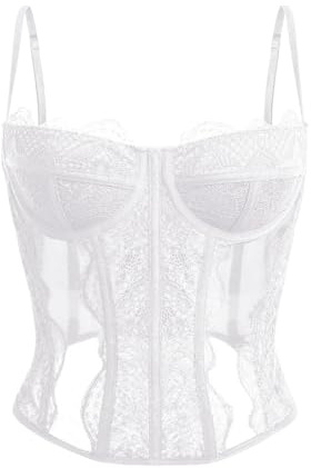 Dealmore Corset pour femme en dentelle et maille avec bretelles spaghetti, haut pour rendez-vous/fête/club/nuit, blanc, Large