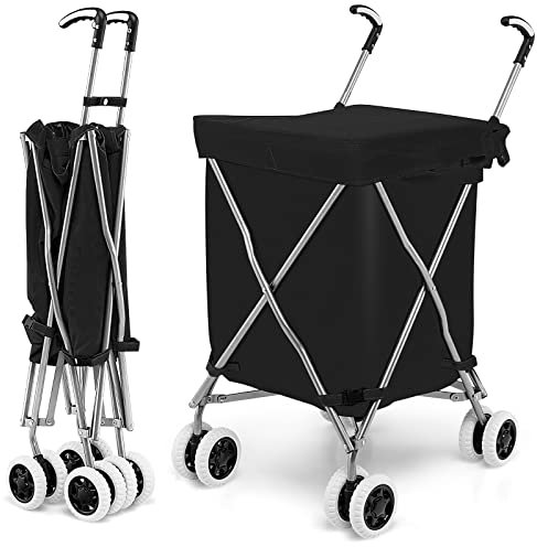 GYMAX Chariot de Courses Pliable, Caddie de Courses en Métal avec Sac 90L, Charge 55KG, Chariot à roulettes Portables pour Shopping/Supermarché/Camping