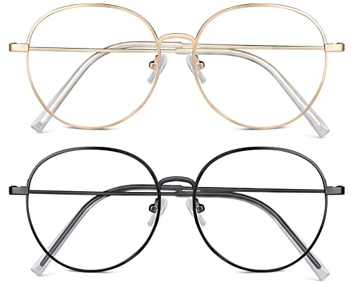 ACWOO Blaulichtfilter Brille, 2er-Set Rund Anti Blaulicht PC Gaming Brillen Mode Brille, Metall Blue Light Blocking Glasses, Retro Ohne Stärke Blaufilter Brille für Damen Herren (Gold+Schwarz)