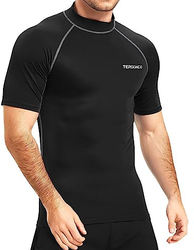 TERODACO Rash Vest Mens Short Sleeve UV 50+ Swimming Shirts for Men Compression Sweat Wicking Rash Guard Mens Base Layer for Wetsuit Diving Surfing,Quick Dry Lightweight Stretchy 222 Black Grey S