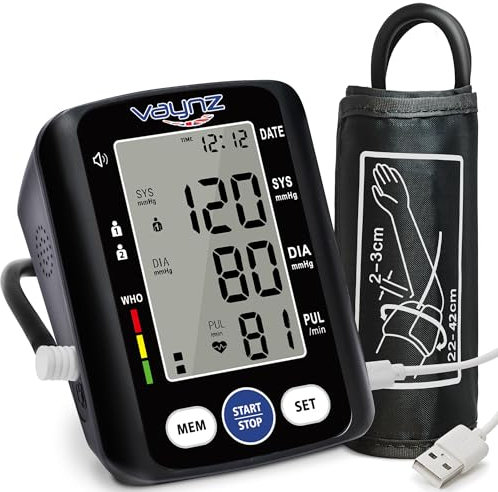 VAYNZ Blood Pressure Monitors CE Approved UK - Smart Voice Upper Arm Automatic Electronic Blood Pressure Machine for Home use 22-42cm Large Cuff Blood-Pressure Monitor 2x99 Memory Storage - Black