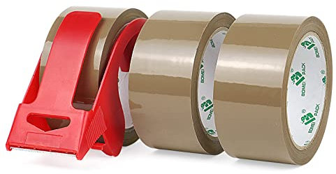 BOMEI PACK 3 Rolls No Bubble Brown Secure Sticky Packing Tape with 1 Dispenser,Heavy Duty Sealing Tape for Moving Boxes Sealing,48mic x 48mm x 66m