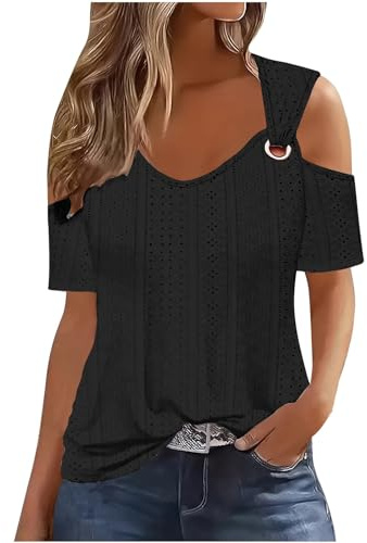 Uwdiohq Bluse E Camicie Primavera Parti Superiori di Estate per Le Donne 2024 Spalla Fredda Manica Corta Magliette Solido Anello Casual Hollow Top Camicie di Base Tees Abbigliamento per