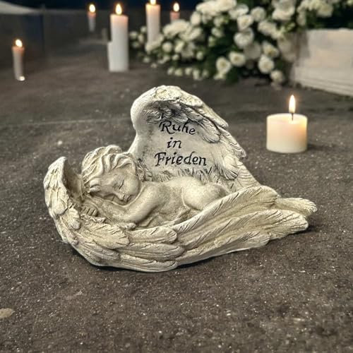 eberin · Grabdeko Schlafender Engel in großen Flügeln – EIN Symbol des ewigen Friedens · Grabschmuck für den Friedhof · XS Grabengel mit Trauerspruch Ruhe in Frieden ·