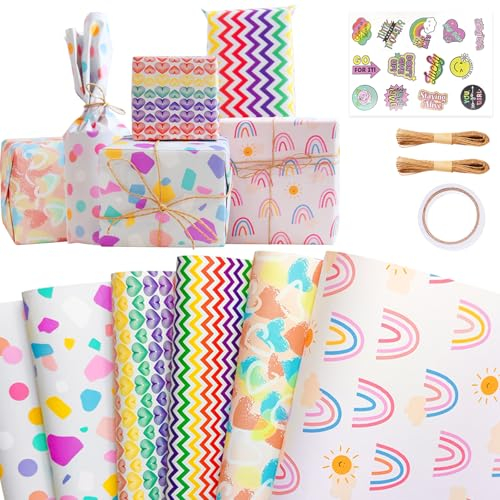 Niviy Wrapping Paper Sheets (70cm x 50cm) - Recyclable Gift Wrapping Paper Birthday Set Included 6 Gift Wrap Papers, 2 Rope, 1 Double-Side Tap, 1 Sticker for Women, Girls, Any Occasion