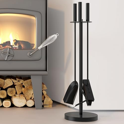 Kingson Il set di attrezzi per camino include spazzola, pala e attizzatoio diametro 17,5 x 59,5 cm, accessori durevoli per bruciatore a legna e set di accessori per caminetto, nero