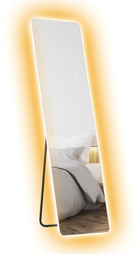 HOMCOM Ganzkörperspiegel mit LED-Beleuchtung, 150 x 40 cm Standspiegel mit 3 Lichtfarben, Wandspiegel mit Ständer, Touch-Schalter bruchsicheres Glas, Bodenspiegel für Schlafzimmer