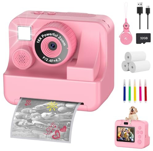 Cámara instantánea para niños, 1080p, cámara instantánea con tarjeta de 32 GB y 3 rollos de papel impreso, cámara infantil, juguetes para niños, regalos para niños y niñas de 3 a 12 años (rosa)