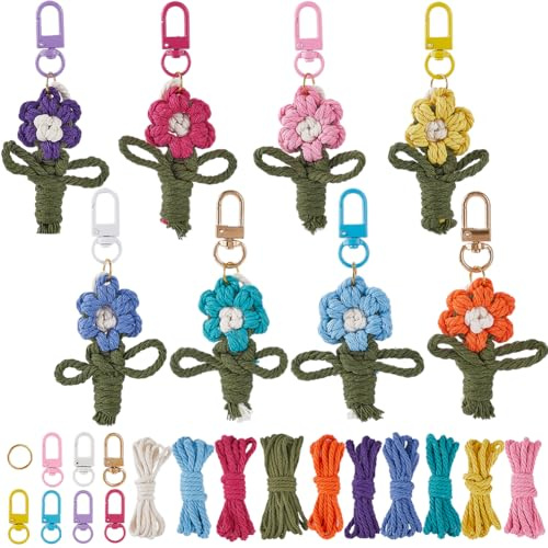 SUNNYCLUE Set med 16 blommor, nyckelringskit för makramé och nyckelring med instruktioner, våren, söt, blommigt makramékit för nybörjare, vuxna, handväskor, gör-det-själv hängande prydnadsdekoration