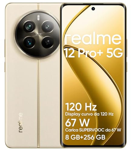 realme 12 Pro+ 5G Smartphone 8+256GB, Snapdragon 7s Gen 2 5G, Cámara de Retrato de 64MP, Pantalla Curved Vision de 6.7 y 120Hz, Batería de 5,000mAh, Dual Sim, Navigator Beige (sin Adaptador)