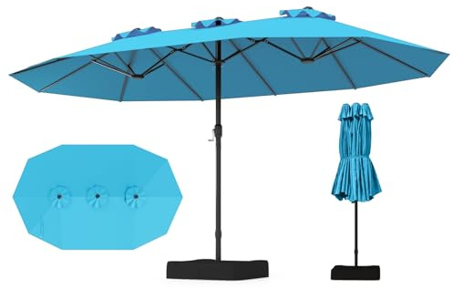 GOPLUS Parasol de Jardin Exterieur avec Pied, 4,5M Grand Parasol Rectangulaire Double Face, avec Manivelle, 12 Baleines, Base avec Sacs à Sable, pour Piscine Jardin Terrasse (Bleu)