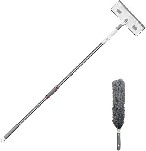 Grillix Limpiador de cristales, 360° giratorio cepillo limpiacristales con barra extensible, espátula y 4 paños de microfibra, extensible, intercambiable, herramientas para la limpieza de cristales