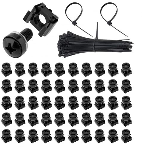 CLAHJQX 50 Pack Rack Mount Cage Nuts M6 x 16mm Black Server Rack Screws for Cabinet, Shelves, Routers with Square Nuts Washers Self-Locking Cable Ties