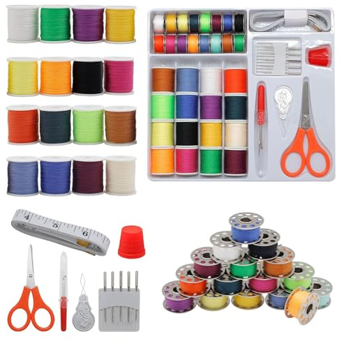 Rnigra Sewing Thread Set, 32 Color Polyester Thread, Sewing Thread for Sewing Machine, with Scissors, Thimble, Seam Ripper, Tape Measure, Needle, for Hand and Machine Sewing