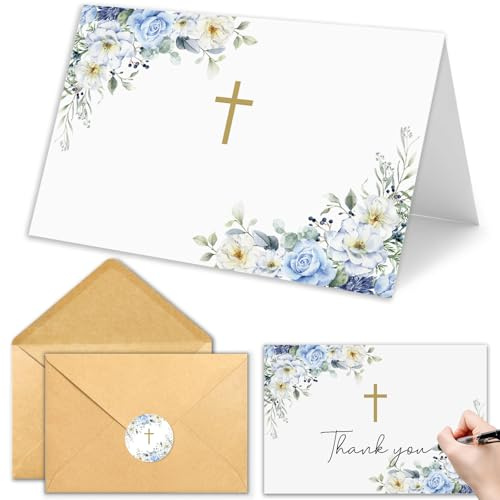CYGGUN 25 Pack Cross Religious Blank Cards with Envelopes, Watercolor Cross Roses Green Leaves Blank Greeting Card for Baptism, Prayer, Christening, Wedding, First Communion - 4 x 6 Inch
