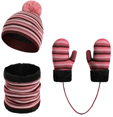 Enfant Bonnet Écharpe et Gants Ensemble Bonnets Tricotés avec Pompon Écharpe d'hiver Chaude Gants écharpe Bonnet Tricot Doublure Épaisse pour Fille Garçon 2-6Ans (Rose)