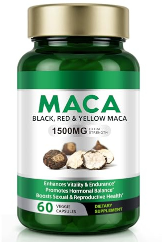 Vceeoy Maca Root, Black Pepper Extract Capsules for Women & Men with 1500 mg Black, Red & Yellow Maca,Gives Energy Boost -60 Capsules, Easy to Swallow