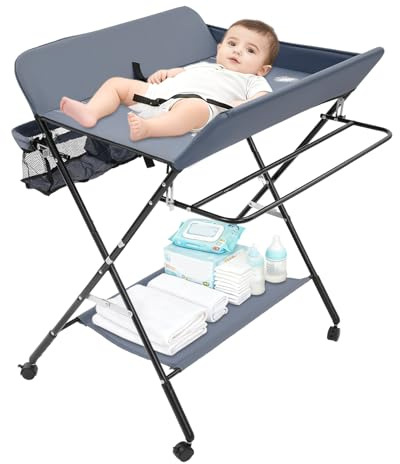 Bdneygtyr Cambiador plegable, cambiador móvil con cinturón de seguridad y compartimentos de almacenamiento, mesa de cambio de hasta 12 meses, ahorra espacio y es estable (gris)