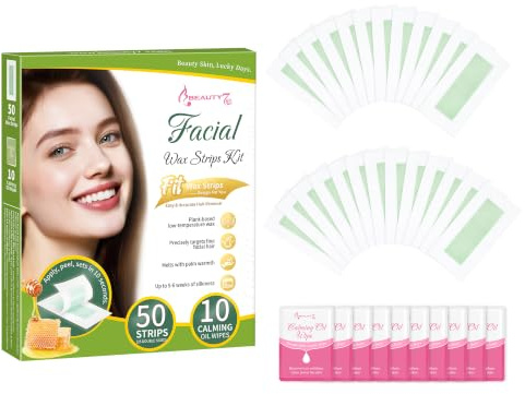 BEAUTY7 50 Count Facial Wax Strips for Women, 10 Calming Oil Wipes | Home Use 3 Sec Quick Hair Removal, Up to 6 Weeks Smoothness, Honey Formula for All Skin Type