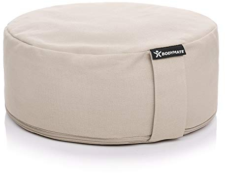 BODYMATE Yogakissen rund 31cm Durchmesser 13cm hoch Beige mit Buchweizen-Spelz Füllung – Maschinenwaschbarer Bezug aus 100% extra Dicker Baumwolle – Meditationskissen – Sitzkissen