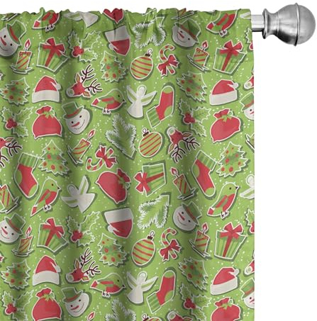 Ambesonne Christmas Window Curtains, Xmas Cartoon Style Pattern Snowman Trees Birds Hat Print, Lightweight Decor 2-Panel Set with Rod Pocket, Pair of - 28 x 84, Apple Green